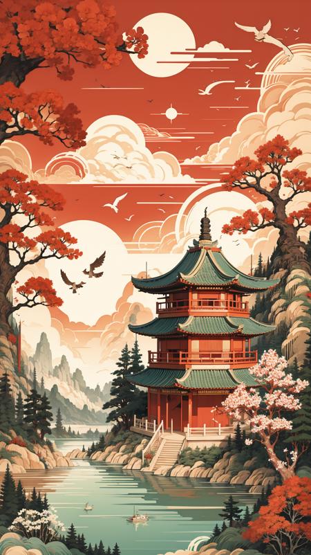 28324-4211815153-_lora_插画_0.9_,1girl,hua,no humans,tree,scenery,architecture,east asian architecture,bird,mountain,cloud,outdoors,sun,water,sky,n.png